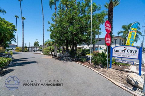 a street with a beach front property management sign and palm trees